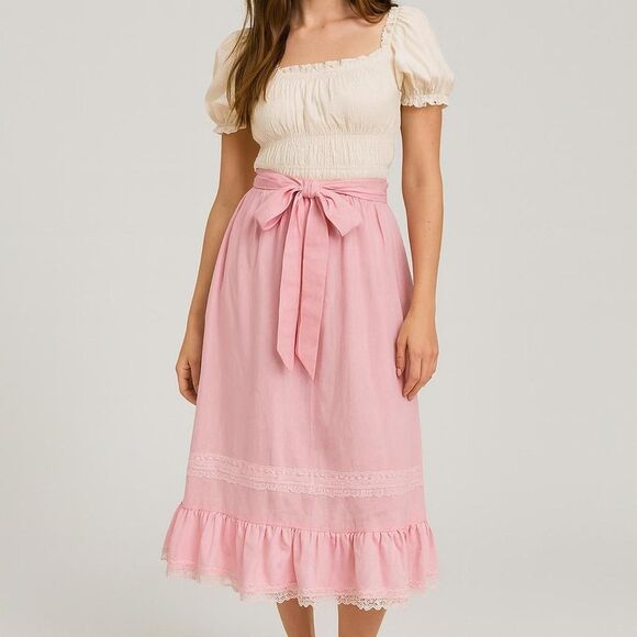 American Living Dresses & Skirts - Vintage 70s 1970s long Pink fairy skirt with lace trim and bow